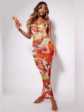 PrettyLittleThing Orange & Pink Butterfly Print Maxi Dress